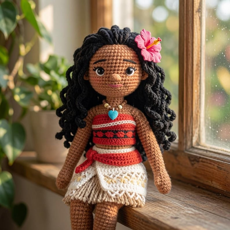 May include: A handcrafted crochet doll with dark curly hair, a pink hibiscus flower accessory, and a brown complexion. The doll wears a red patterned tube top, a red waist tie, and a white skirt with fringe, accented by a blue heart pendant necklace.
