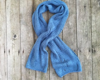 Drop Stitch Scarf , Blue knit handmade scarf