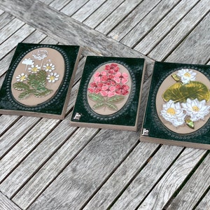 JIE Gantofta Sweden , Swedish ceramic wall plaque , Cottagecore botanical plaque pink flowers