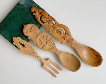 Handcarved Wooden Spoon Utensils Norwegian Wooden Kitchen Decor Vintage Wood Spoon And Fork Rosemaling Norway