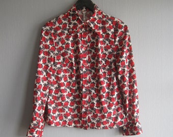 Cottagecore Blouse , Red Flowers Blouse , Long Sleeve Floral Vintage Blouse