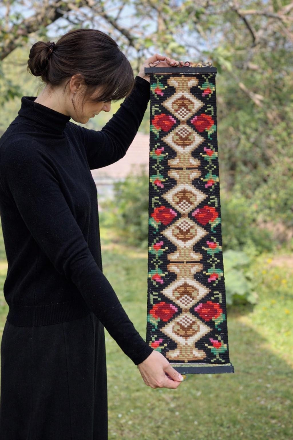 Vintage Norwegian Folk Art Bell Pull Tapestry, Scandinavian