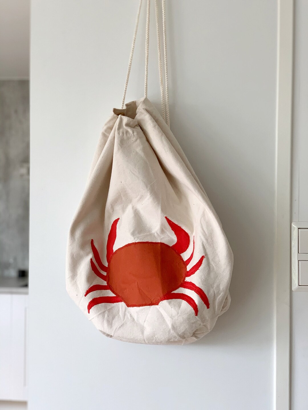 Canvas Drawstring Backpack Crab Vintage Handmade Canvas Duffle Etsy