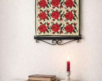Roses tapestry , Norwegian folk art , Floral tapestry vintage handmade