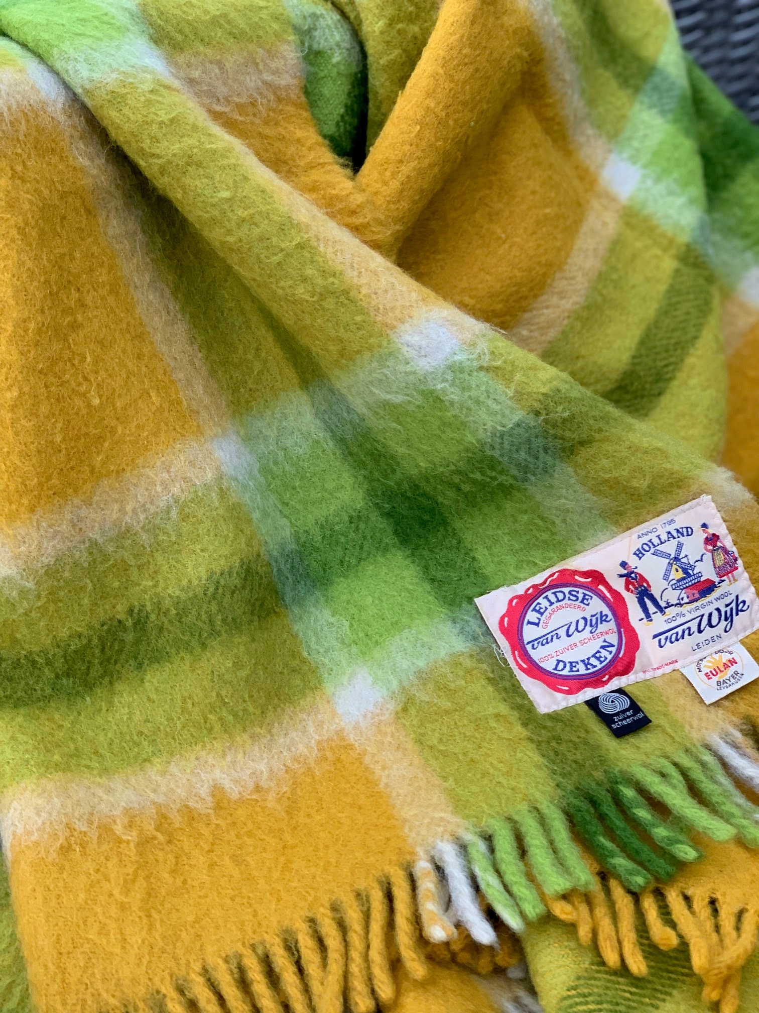 グリーンマスタードウールブランケット、オランダウールブランケット