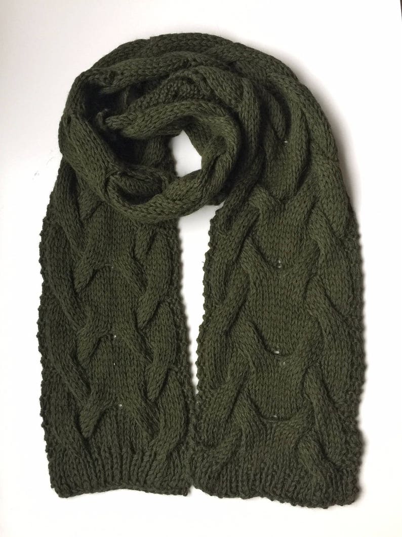 Dark Green Scarf Knitted Scarf Green Cable Knit Scarf Unisex Etsy