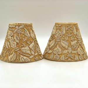 Antique embroidered lamp shades pair , Beige textile lamp shades
