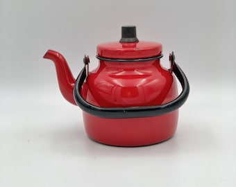 Red enamel tea kettle vintage , Scandinavian teapot , Red enamelware kitchen decor , Red teapot