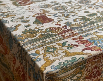 Woven jacquard tablecloth with fringes , Large vintage tablecloth from Middle East