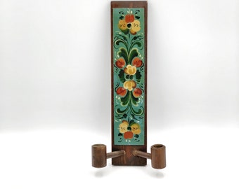 Rosemaling wall candleholder , Norwegian wood handpainted wall candle stick holder , Norway folk art