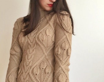 Cable knit dress , Hand knit dress S , Knitted beige wool dress