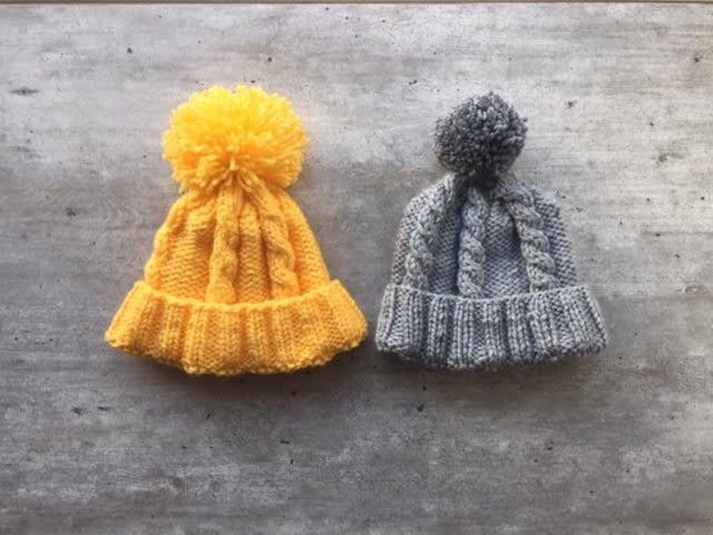 Pom Pom Beanie Hat Vegan Pom Pom Hat Knit Beanie Knitted Hat Gray Knit Hat Yellow Beanie Knit Unisex Hat One Size