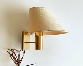 Brass wall sconce , Electric sconce with fabric shade , Sscandinavian wall lamp 70s