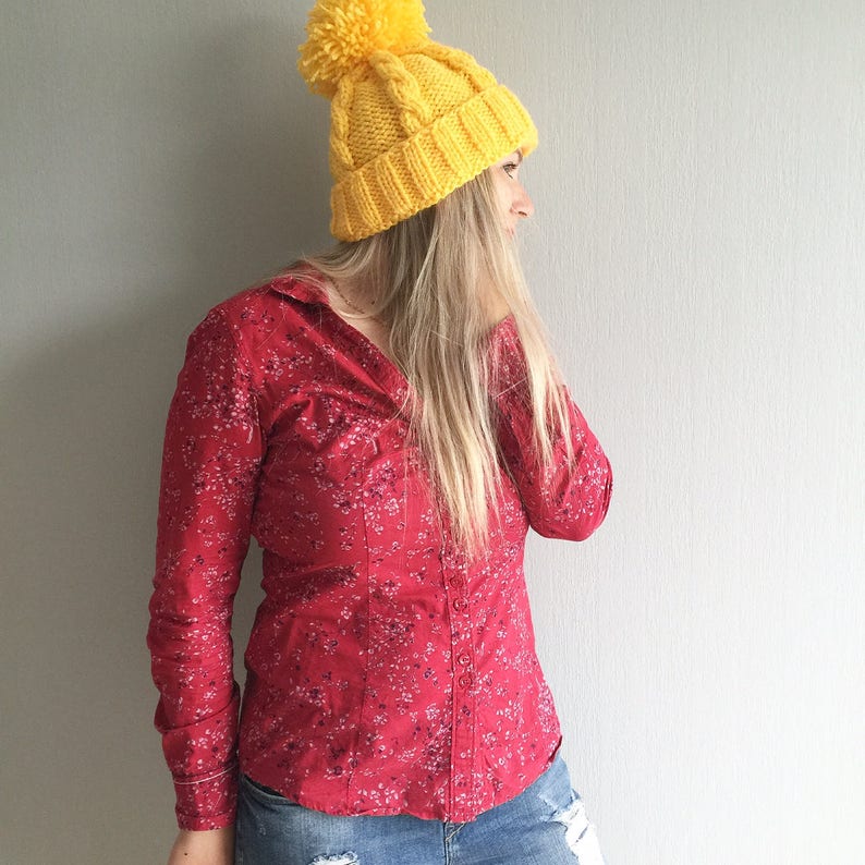 Pom Pom Beanie Hat Vegan Pom Pom Hat Knit Beanie Knitted Hat Gray Knit Hat Yellow Beanie Knit Unisex Hat One Size