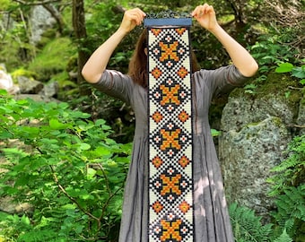 Norwegian folk art tapestry , Norway textile wall decor , Vintage bell pull