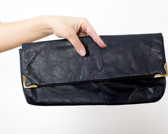 Leather Handbag Black Evening Clutch Black Evening Bag Gift Birthday Wife Gift-For-Her Black Clutch With Golden Decor