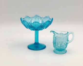 Davidson glass blue sugar dish and creamer set , Antique press glass