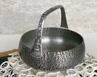 Norwegian Pewter Bowl, Metal Basket With Handle , Norwegian Folk Art