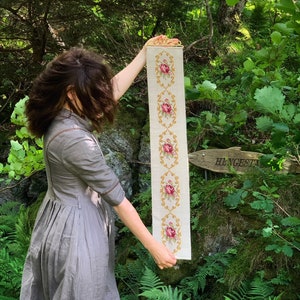 Roses bell pull , Cabbage rose tapestry , Victorian style embroidery wall decor