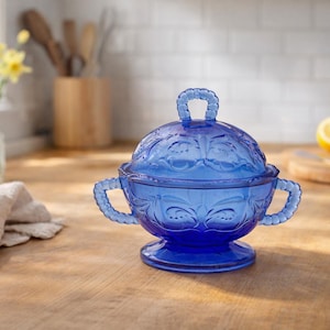 Blaue Glas Zuckerdose mit Deckel