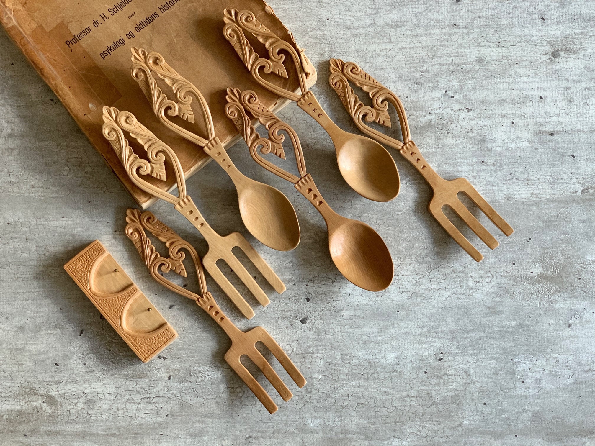 Handcarved Wooden Spoon & Fork Set: Norwegian Rosemaling Folk Art