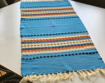 Blue wool table runner, Norwegian folk art