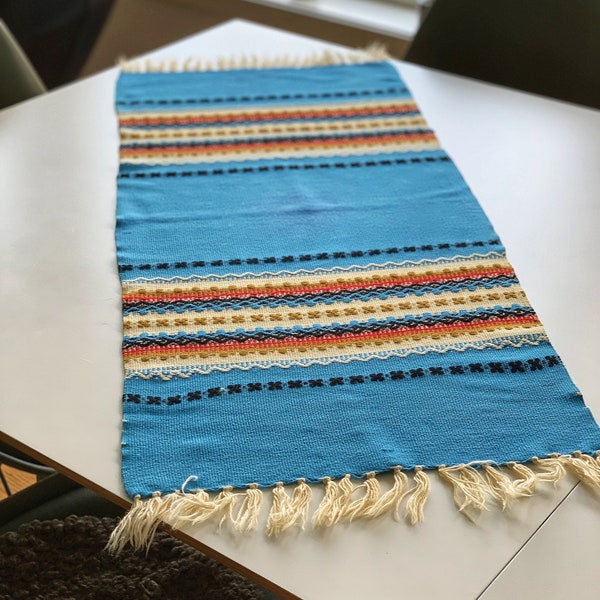 Blue wool table runner, Norwegian folk art