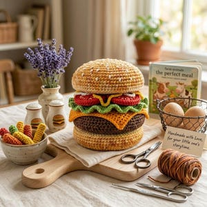May include: A crocheted hamburger toy featuring a tan bun with white speckles, red tomato slices, green lettuce, a yellow cheese slice, and a brown patty. The toy sits on a wooden board alongside a small bowl of crocheted fries, salt and pepper shakers, a book titled 'the perfect meal', two eggs in a wire basket, a ball of brown yarn, and metal scissors.