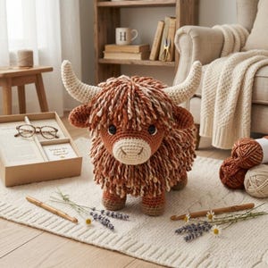May include: A crocheted Highland cow stuffed animal with long, shaggy brown and tan yarn fur, cream-colored horns, and a cream-colored muzzle. The plush toy features dark, round eyes and stands on four short, brown crocheted legs on a textured rug.
