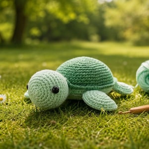 May include: A light green crocheted turtle toy with a rounded shell and a smooth, textured surface. The turtle features two small, round, black plastic eyes positioned on the sides of its head and four short, rounded flippers.