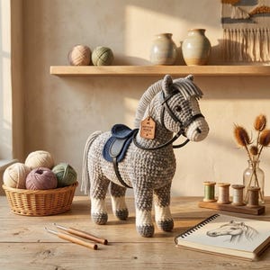 以下が含まれることがあります： グレーと白の編みぐるみの馬。ダークブルーのサドルと黒い手綱が付いています。手綱には「Artisan Horse」と書かれた小さな茶色のタグがぶら下がっています。馬は質感のある毛糸で作られており、たてがみと尻尾があります。