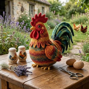 May include: A handcrafted crochet rooster featuring a vibrant, multi-colored body with a bright red comb and wattle. The rooster has a textured, yarn-stitched appearance with a prominent tail made of layered, dark-toned green and blue crochet feathers.