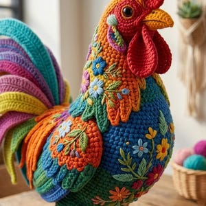 Puede incluir: Un gallo de ganchillo hecho a mano con un vibrante plumaje multicolor y una cola a rayas de arcoíris. El cuerpo está decorado con intrincados bordados florales en tonos azules, amarillos y naranjas, complementado por una cresta y barbillas rojas.