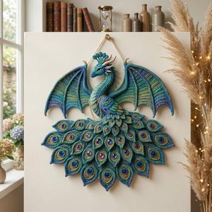 Könnte beinhalten: Eine Wandskulptur in Drachenform mit komplexen, häkelartigen Texturen in Blaugrün, Blau und Grün. Das Wesen hat große, ausgebreitete Flügel und einen breiten, gefächerten Schwanz, der aus zahlreichen pfauenaugenartigen Mustern mit Edelsteinen besteht.