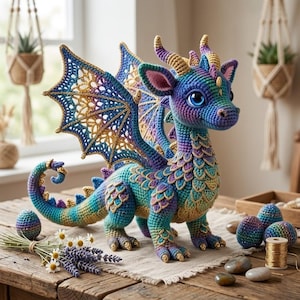 May include: A crocheted dragon figurine featuring a gradient of blue, purple, and gold yarn. The creature has large, intricate wings, pointed horns, and a textured scale pattern. It is accompanied by small crocheted eggs and a bouquet of flowers.