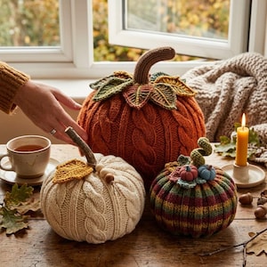 May include: Three decorative pumpkins crafted from knit fabric. The largest is burnt orange with a cable knit pattern and green leaves. The second is cream with a cable knit pattern and a wooden stem. The third is striped with small pumpkins.