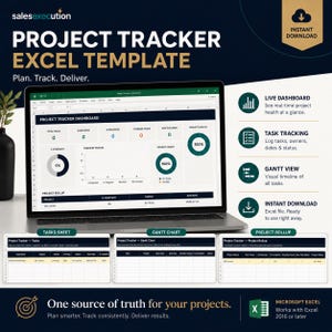 May include: A digital project tracker Excel template displayed on a laptop screen, featuring a dashboard with task metrics, a Gantt chart, and a project rollup sheet. The interface includes text labels like Live Dashboard, Task Tracking, and Gantt View.