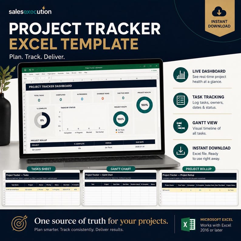 May include: A digital project tracker Excel template displayed on a laptop screen, featuring a dashboard with task metrics, a Gantt chart, and a project rollup sheet. The interface includes text labels like Live Dashboard, Task Tracking, and Gantt View.