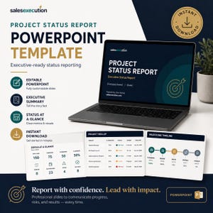 May include: A digital PowerPoint template for a project status report displayed on a laptop screen and three separate slide previews. The design features dark blue and gold accents with text including Project Status Report, Status at a Glance, Project Rollup, and Milestone Timeline. A gold circular badge indicates an instant download.