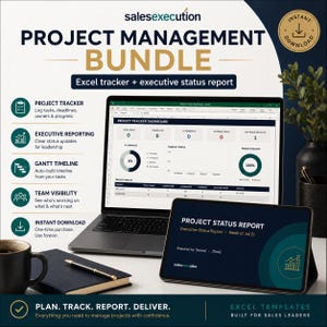 May include: A digital project management bundle featuring an Excel tracker and executive status report displayed on a laptop and tablet. The screen shows a project tracker dashboard with task metrics, timelines, and status reporting tools.