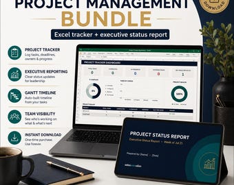 May include: A digital project management bundle featuring an Excel tracker and executive status report displayed on a laptop and tablet. The screen shows a project tracker dashboard with task metrics, timelines, and status reporting tools.