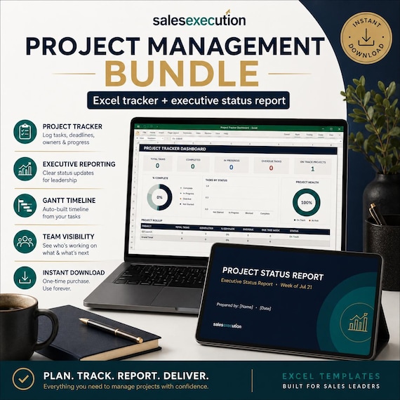 Project Management Bundle | Excel Project Tracker & PowerPoint Status Report | Dashboard, Gantt Chart, Executive Update