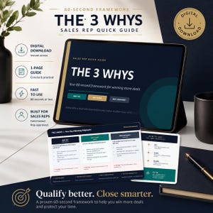 May include: A digital download sales rep quick guide titled The 3 Whys, featuring a tablet displaying the framework, a printed diagnostic card, and a summary card. The design uses navy, teal, and gold accents with text detailing a 60-second sales process.