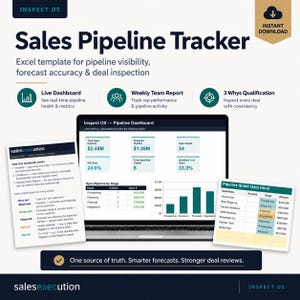 May include: A digital Sales Pipeline Tracker Excel template featuring a laptop displaying a dashboard with metrics, a 'How this workbook works' instruction sheet, and a 'Pipeline (Enter Data Here)' table with columns for deal name, account, stage, and amount.