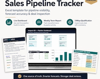 May include: A digital Sales Pipeline Tracker Excel template featuring a laptop displaying a dashboard with metrics, a 'How this workbook works' instruction sheet, and a 'Pipeline (Enter Data Here)' table with columns for deal name, account, stage, and amount.