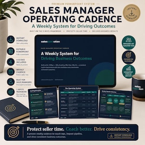 Può includere: Un modello di presentazione digitale intitolato Sales Manager Operating Cadence, che presenta un sistema settimanale per guidare i risultati aziendali. Il set include quattro diapositive PowerPoint modificabili, una tabella dei principi guida, una tabella del sistema operativo e una panoramica del calendario settimanale, visualizzate su uno schermo di tablet e schede stampate.