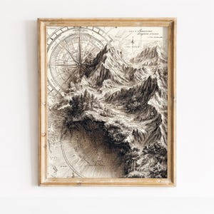 Antique Topography Map Print, Compass Rose Mountains, Vintage Explorer Wall Art (Digital Download)