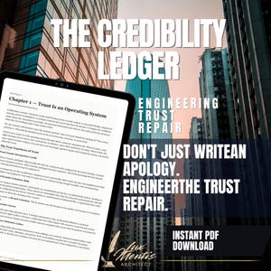Op de afbeelding: Een digitale tablet met een document getiteld The Credibility Ledger, Chapter 1 - Trust Is an Operating System. De tekst bespreekt vertrouwen, inbreuk en herstel. De achtergrond toont een stadsskyline met hoge gebouwen en tekstoverlays.