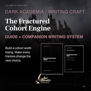 May include: A digital guide and companion writing system titled The Fractured Cohort Engine by Lux Mentis Architect. The text includes the phrases Dark Academia, Writing Craft, and Guide + Companion Writing System against a dark background.