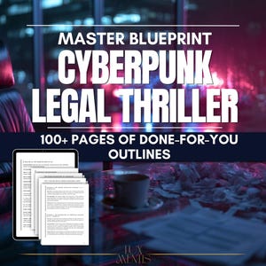 Könnte beinhalten: Ein digitales Dokument mit dem Titel Master Blueprint Cyberpunk Legal Thriller 100+ Pages of Done-For-You Outlines. Das Bild zeigt einen Tablet-Bildschirm mit mehreren Textseiten und Kapitelüberschriften vor einem dunklen Neon-Hintergrund.